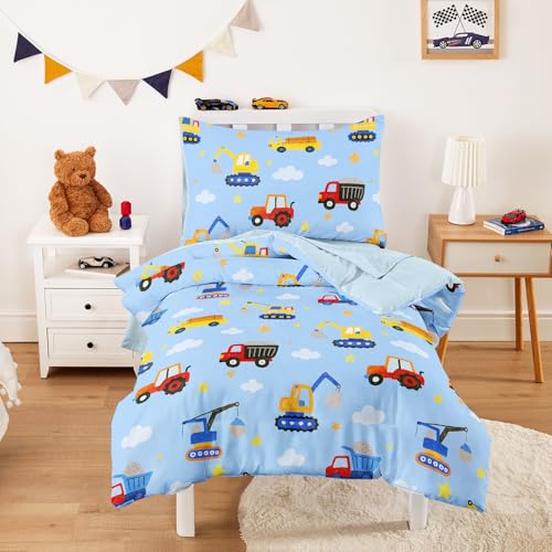 Image of Wake In Cloud - Toddler Bedding Set for Boys, Construction Car Excavator Truck, 4 Pieces Soft Crib Bed Set Including Comforter, Sheets and Pillowcase, Light Blue