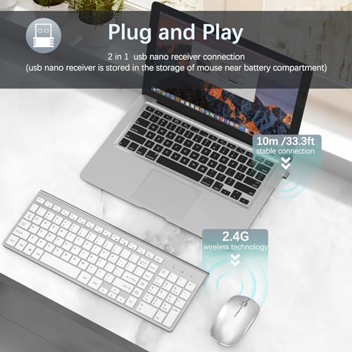 Image of J JOYACCESS Wireless Keyboard Mouse, 2.4G Wireless Combo with Numeric Keyboard,Quiet and Durable Clicks for Laptop /Desktop /Tablet /Mac- Silver White