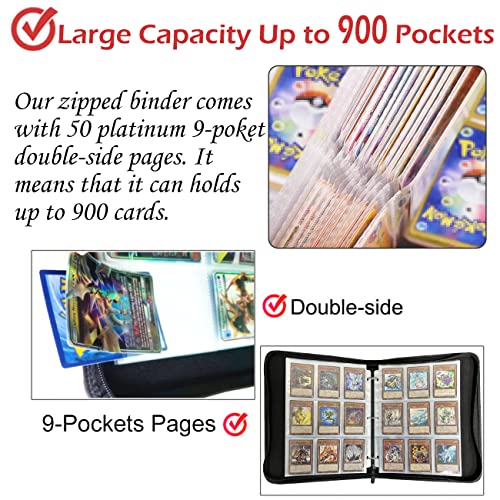 Trading Card Binder With Sleeves,900 Pockets Zipper Binder Card Holder Collectors Album Carrying Case With 50 Platinum 18-Pocket Sheets For Tcg Baseball And Football Cards Organizer #TOP1