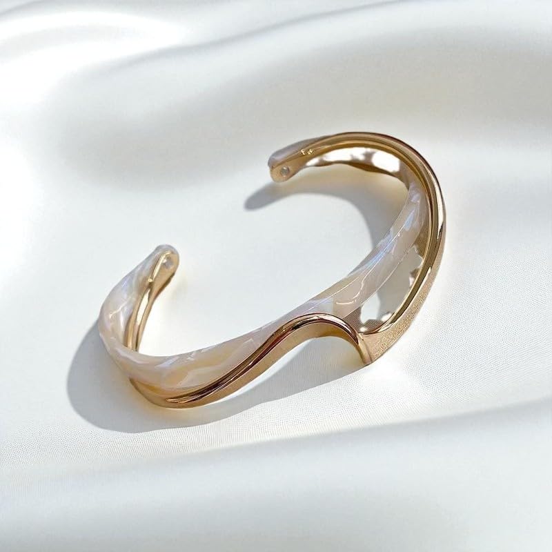 Modern Wave Design Cuff Bracelet, Gold-Tone Acrylic Bangle, 2.5 inch, C-Shaped Opening White/Pink Acrylic Bracelets Board Bend Metal Bangles3