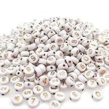 200+ Pieces 4x7mm White Round Acrylic Number Beads 0-9 Mixed Plastic Shape Loose Beads for Jewelry Making Bracelets Necklaces Key Chains (Gold on White)