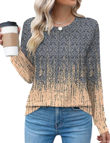 Rapbin Crew Neck Shirts for Women Long Sleeve Cute Pleated Summer Blouses Fashion Ladies Tops