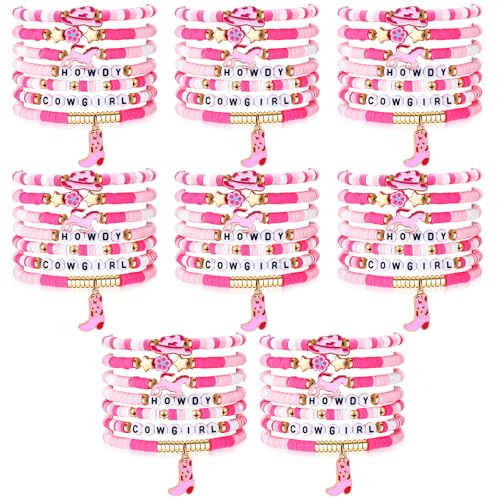 56 Pcs Western Cowgirl Pink Heishi Bracelets Western Themed Party Birthday Supplies Gift Stackable Rainbow Clay Beaded Stretch Bracelets Friendship Summer Beach Jewelry
