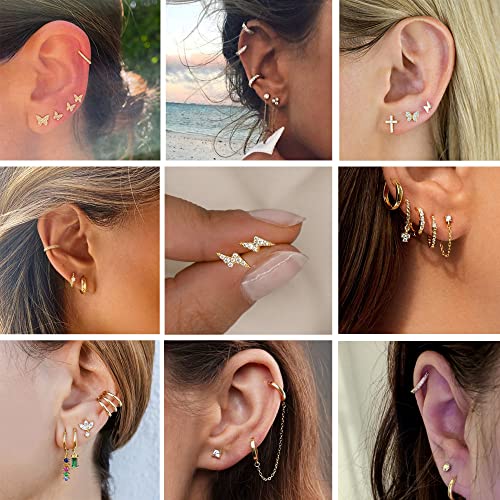 LOYALLOOK 29Pcs 14K Gold Plated Studs Earrings and Hoops Set for Women Huggie Hoop Studs Earrings Set Dainty Minimalist Moon Heart Butterfly CZ Ball Small Dangle Chain Hoop Earrings Set for Multiple Piercing2