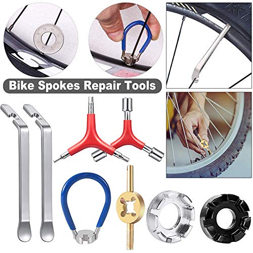 CHIVENIDO 7Pcs Spoke Tool Kit - 8 Cut Open Bicycle Spoke Wrench Tire Lever Bike Spoke Wrench with Rubber Handle Y-Type Hex Wrench Socket Wrench Tire Valve Stem Core Tool Bike Repairing Pocket Tools