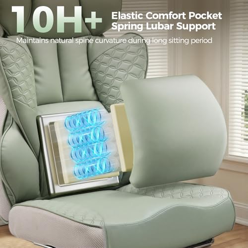 Image of GTPLAYER Big and Tall Gaming Chair 400lbs Heavy Duty Office Chair with Foot Rest & Ergonomic Pocket Spring Lumbar Support, High Back 3D Saddle Shaped Cushion for Back Pain Relief, Green
