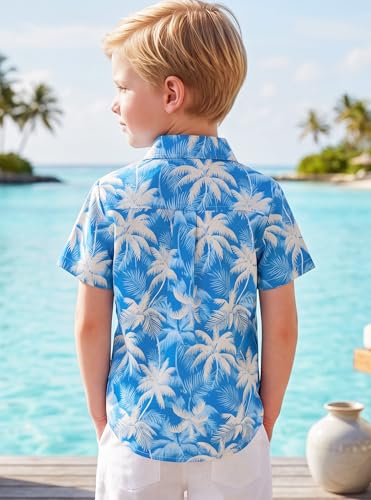 Image of Boys Hawaiian Button Down Shirt, Pure Combed Cotton Short Sleeve Size 3-15Y | Pure Combed Cotton, Smooth 60s yarn, Tagless Label, Pilling-Resistant, Shrink-Resistant, Fade-Resistant, Machine Washable