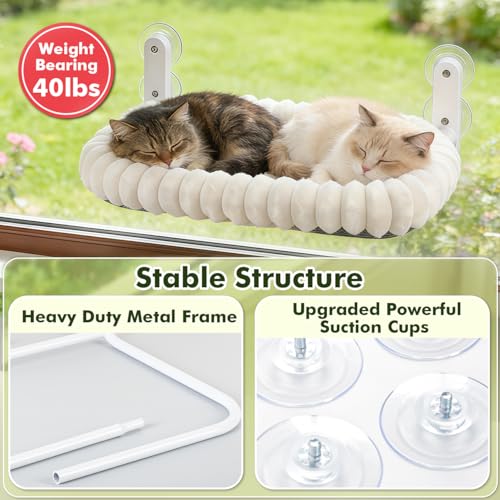 Image of Zoratoo 2PC Cat Window Perch with Bolster Foldable Cat Hammock Cushion Bed for Window with Metal Frame, Cloud-Cuddle Cordless Window Resting Seat for Indoor Cats (Cushion Bed, White-M)