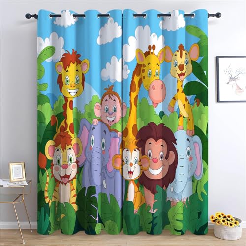 Cortinas Opacas Térmicas para Niños, Dibujos Animados de Plantas y Animales de la Selva Aislantes Frío y Calor Reducción de Ruido Protección de Intimidad, 234 x 138 cm para Dormitorio Infantil,