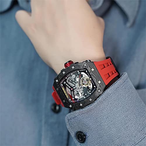 Image of TSAR BOMBA Automatic Watches for Men,50M Waterproof Men's Watch,Luxury Mechanical Skeleton Analog Watch,Silicone Watch Bands Carbon Fiber Case Black Watch,Gifts for Men Business Casual