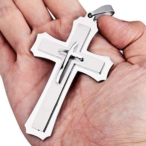 Mens Large Polished Stainless Steel Three Giant Cross Pendant Necklace Silver with 22 inch Chain - Image 2
