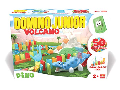 Goliath 81017 Domino Express Junior Dino Vulcano, Domino Set voor je eigen Domino Day, spannende dino-avonturen met extra grote dominostenen, opstelhulp en veel accessoires, vanaf 3 jaar