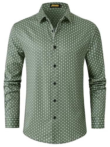 Mens Printed Dress Shirts Slim Fit Long Sleeve Button Down Shirts Stretch Business Casual Shirt