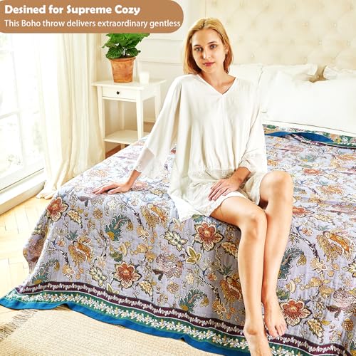 Boho Throw Blanket 60" x 80", 100% Organic Cotton Breathable Ultra Soft Bed Purple Quilt Throw - All Season Luxury Floral Farmhouse Decor Blanket for Sofa Couch Chair and Gift.