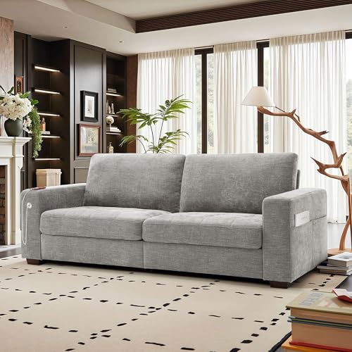 Image of Hanherry Couch for Living Room, Modern Comfy Sofa with Medium Firm Seat Cushion, Removable Cover,Wide Armrest,USB /Type-C Port,Chenille Fabric Couches for Small Space,Apartment (Gray, 89 inch)