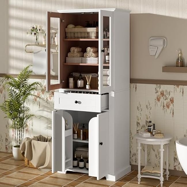67.2 Tall Modern Bathroom Storage Cabinet with 4 Tempered Glass Doors, 1 Drawer & 3 Adjustable Shelves ¨C Freestanding Linen Tower, Soft-Close Design, Anti-Tip Safety Kit, Matte Steel Handles (White)