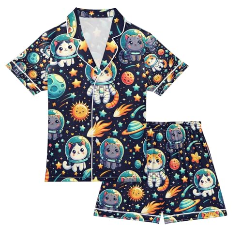 senya Cute Cats in Space Satin Summer Pajama Sets Silk Short Sleeve Button Down Sleepwear