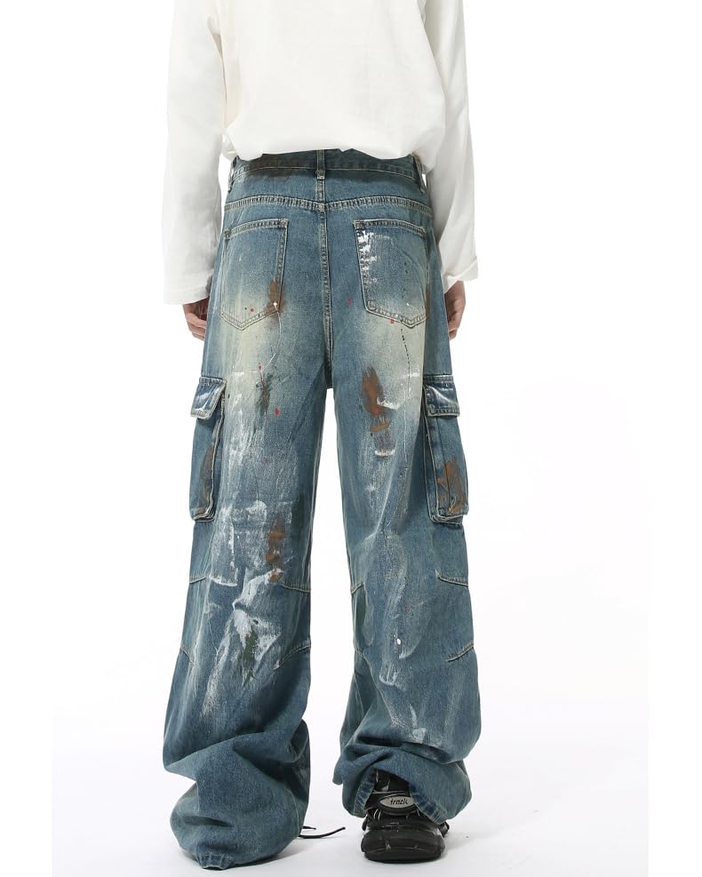 Men's Vintage Multi Pocket Tie Dye Jeans Loose Fit Y2K Skater Pants Streetwear2