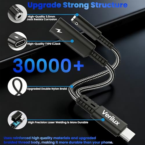 Image of Verilux PD 60W Type C to 3.5mm Headphone Charger Adapter, 2 in 1 Splitter Type C to USB-C Fast Charger & 3.5mm Headphone, Nylon Braided Cable for iPhone 17 /17 Pro /17 Pro Max /16 /15 Series
