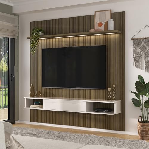 Painel com suporte para TV até 75 polegadas com LED e nicho 1 porta BELLUNO cor Pinho Ripado/Off White - Artely