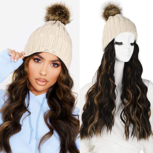 Beanie Hat Wig,Knit Hat with Hair for Women, LONAI Beige Knit Hat Wig with 18" Long Wavy Hair Extension for Winter, Beig