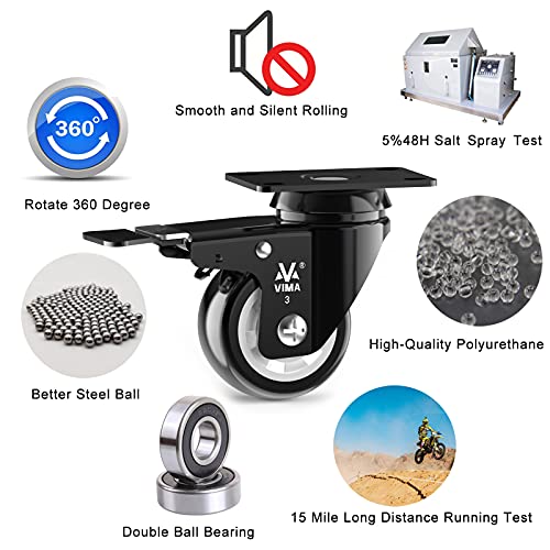 Vm Vima 075PU36D2S2B Heavy Duty Plate Caster Wheels 3 Inch Pu No Noise,Premium Polyurethane Double Ball Bearing Steels,Easily Lock Or Unlock -200 Lbs Per Casters thumb #5