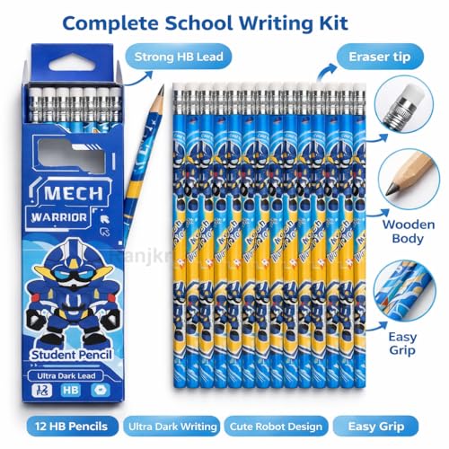 Image of Mech Warrior Kids Pencil Set HB - 12 Pack Student Writing Pencils with Eraser, Dark Smooth Lead, Easy Grip Hexagonal School Pencils for Boys Girls, Handwriting Practice & Return Gifts