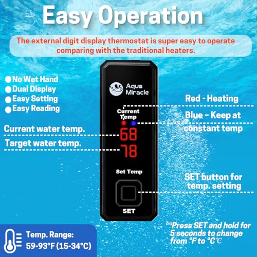 Image of AquaMiracle Upgraded 15W Small Aquarium Heater Fish Tank Heater Turtle Heater Super Mini Aquarium Heater, Dry-Run /Overheating Protection and Memory Function, Dual LED Display, for 1-3 Gal Tanks