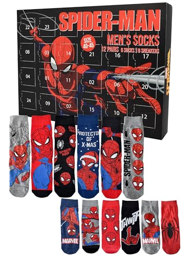 United Labels Calendario de Adviento Marvel Spiderman con 12 pares de calcetines para hombre, tamaño 40-45, calendario con zapatillas y calcetines largos, calendario de Navidad regalo