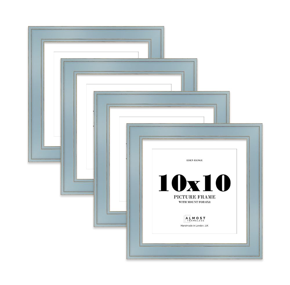 10x10" Cornflower Blue Square Picture Frame with 8x8" Mount - Shabby Chic Photo Frame with Distressed Finish, Gold Trim, Wall Hooks and Kickstand, 37mm Edge - 4 Pack