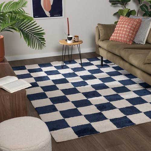 FRAAI | Home & Living Tapis de Salon à Damier - Blox Bleu - Poil Court - Rectangulaire - 80x150 cm