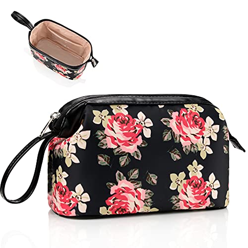 Small Travel Makeup Bag,Cosmetic Bags for Women,Large Capacity Portable Floral Makeup bag Storage Organizer for Purse Everyday Use (Small, Black Peony)