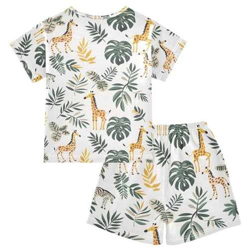 ALAZA Giraffe Leaf Palm Tree Pajamas Short Sleeve 2 Piece Sleepwear Top and Bottom Pajama Set Unisex2