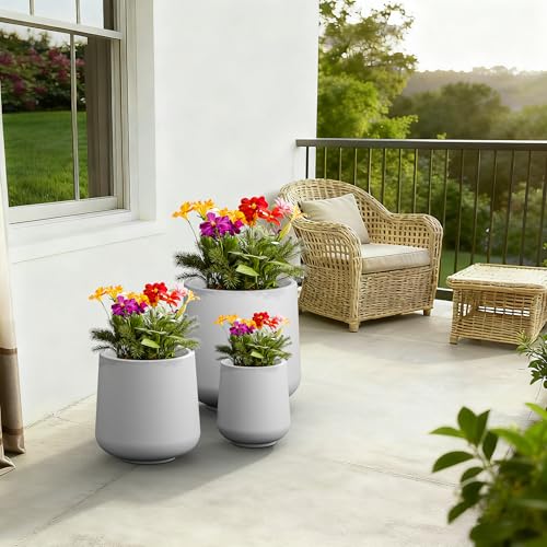 Image of Kante Set of 3 White Concrete Curved Planters 16.5 inch 13 inch 9.4 inch Dia | Drainage for Outdoor, Rubber Plug for Indoor Home, All-Weather Cement Pot, Handcraft, Lightweight & Durable, Anti-UV, Round