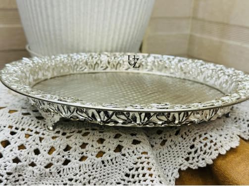German Silver Plate Serving Tray | Decorative Metal Tea & Snack Tray | Premium Handmade Tray for Home Décor, Pooja & Gifting (Silver)-image-48