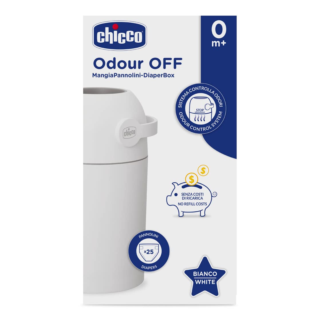 Chicco Windeleimer Odour Off, geruchsdichtes System, platzsparender Baby Windeleimer mit Deckel, ohne Nachfüllkassetten