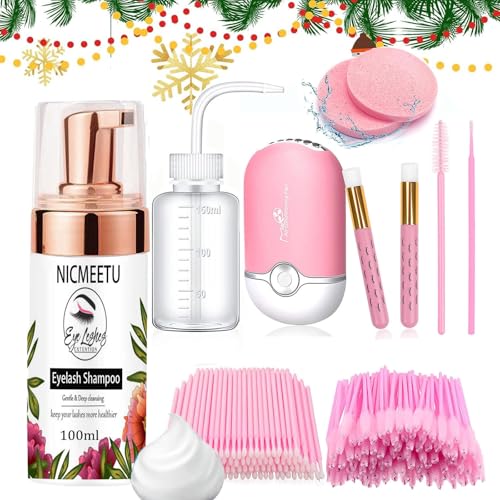 NICMEETU Kit de Xampu para Cílios de 100 Ml para Extensões com Ventilador Usb, 50 Escovas para Cílio