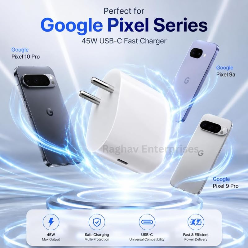 Image of Google 45W C-Type PPS Rapidly Power Charging Adaptor Compatible with Google 10 /9 /Pro /XL /Fold /9a /8 /8 Pro /8a /7 /7Pro /S26 /S25Fe /3a Lite /15 /15R /Tab /Slate - Support Other USB-C 45 W Quick Charging - JN WH