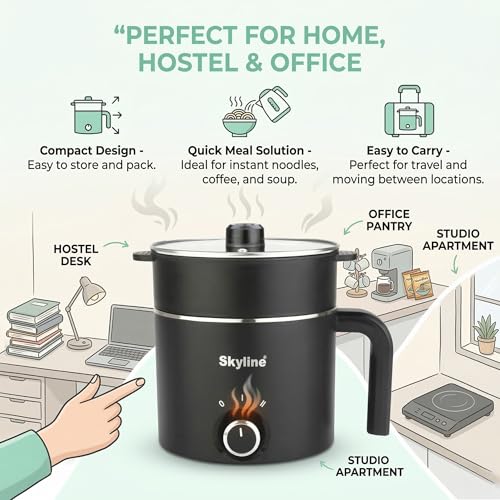 Image of Skyline Multi-Purpose Electric Kettle with Steamer and Egg Boiler, 1.5L, 600W, Temperature Control, VTL-9091 (Black)