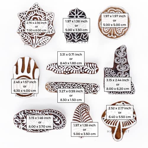 Image of Hashcart | Set of 10 | Handcarved Multi Shape Floral Design Stamps for Scrapbooking | Wooden Blocks for Project Designing | Henna | Clay | Pottery Craft | Tattoo | Project Making