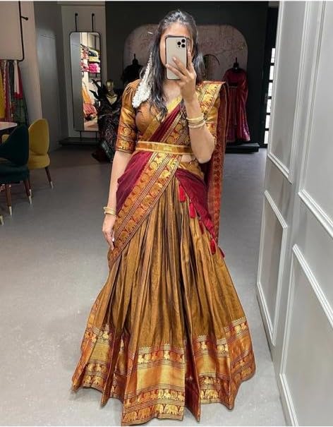Image of RENVAANI Women's Traditional Kanjivaram Kanchipuram Silk Unstitched Lehenga Choli with Dupatta (MUSTARD MAROON)