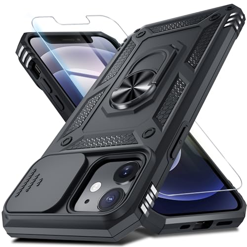Janmitta Case for iPhone 12 & 12 Pro Phone Cover Built in Slide Camera Lens Cover+Screen Protector Heavy Duty Shockproof Full Body PhoneCase with Finger Ring Holder Kickstand Black