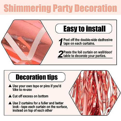 Image of 6 Pack Rose Gold Foil Fringe Curtain Backdrop, 3.28Ft x 8.2Ft Metallic Tinsel Foil Fringe Streamer Curtains for Photo Booth, Christmas Day, Thanksgiving, Wedding, New Year Party Decorations