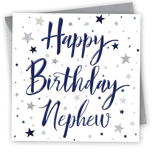 Birthday Card for Nephew. Stars Design with Blue foil. 150x150mm supplied with Envelope. Eco-friendly. Made in Britain.