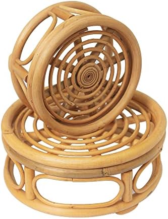 Pack of 2 Large Boho Rattan Woven Round Riser Plant Stand Indoor | Rustic Farmhouse Natural Rattan Circle Pedestal For Decor & Display | Indoor Decorative Round 11.8" & 8.5" Accent Centerpiece For Home, Kitchen, Tabletop, Office Decor