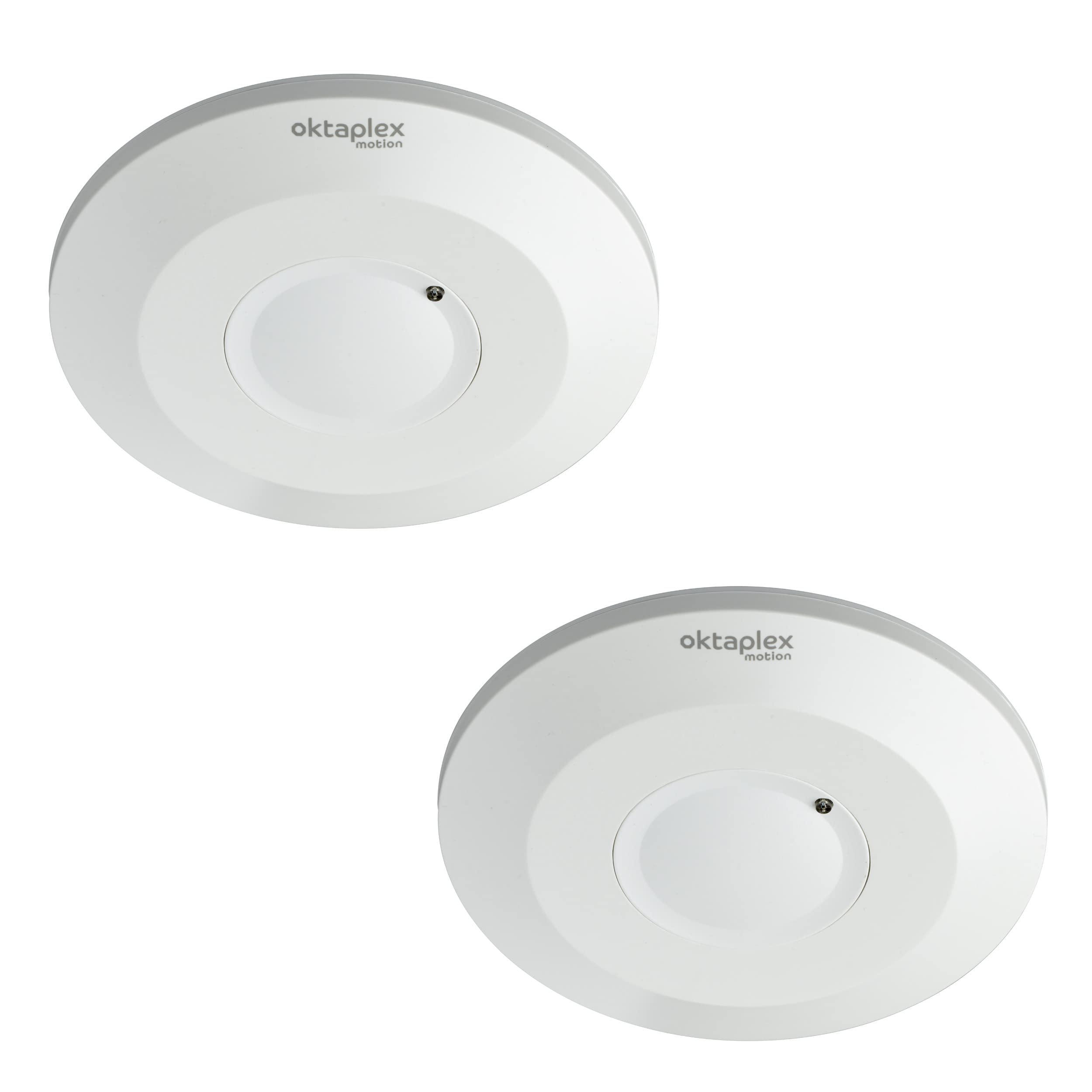 Oktaplex IDA Juego de 2 detectores de Movimiento de Techo Sensor de Alta frecuencia Plano 360° Alcance 2-16m Detector de Presencia 230V Blanco con Sensor crepuscular | Sensores de alta frecuencia 360° 2 a 16m 230V detectores de presencia blancos con senso