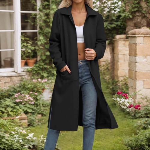 Womens Zipper up Fleece Long Jacket Long Sleeve Lapel Cardigan Jacket Solid Business Casual Jackets Coat with Pockets3