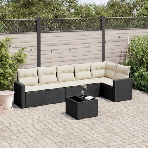 SKM Set de Comedor de jardín 7 pzas y Cojines ratán sintético Negro,Mobiliario,Muebles de jardín,Conjuntos de jardín,Negro,55.8 kg,3218986