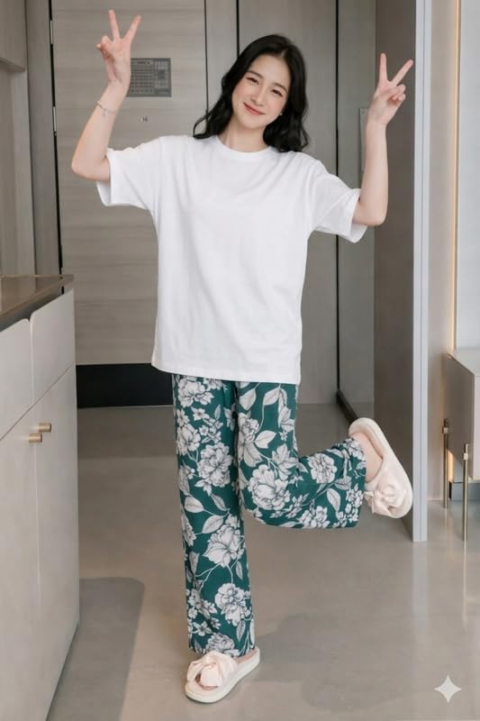 Image of KSHS Printed Round Neck Short Sleeve Nightsuit Set | Pajama Set | Casual Night Dress for Women