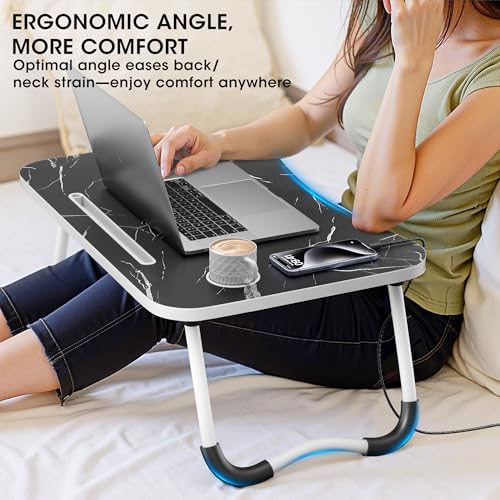 Image of Folding Lap Desk, 23.6 Inch Wood Laptop Bed Desk with Cup Holder, Portable Bed Table for Working Writing Reading & Eating for Bed, Sofa, Couch, Floor - Dark Black